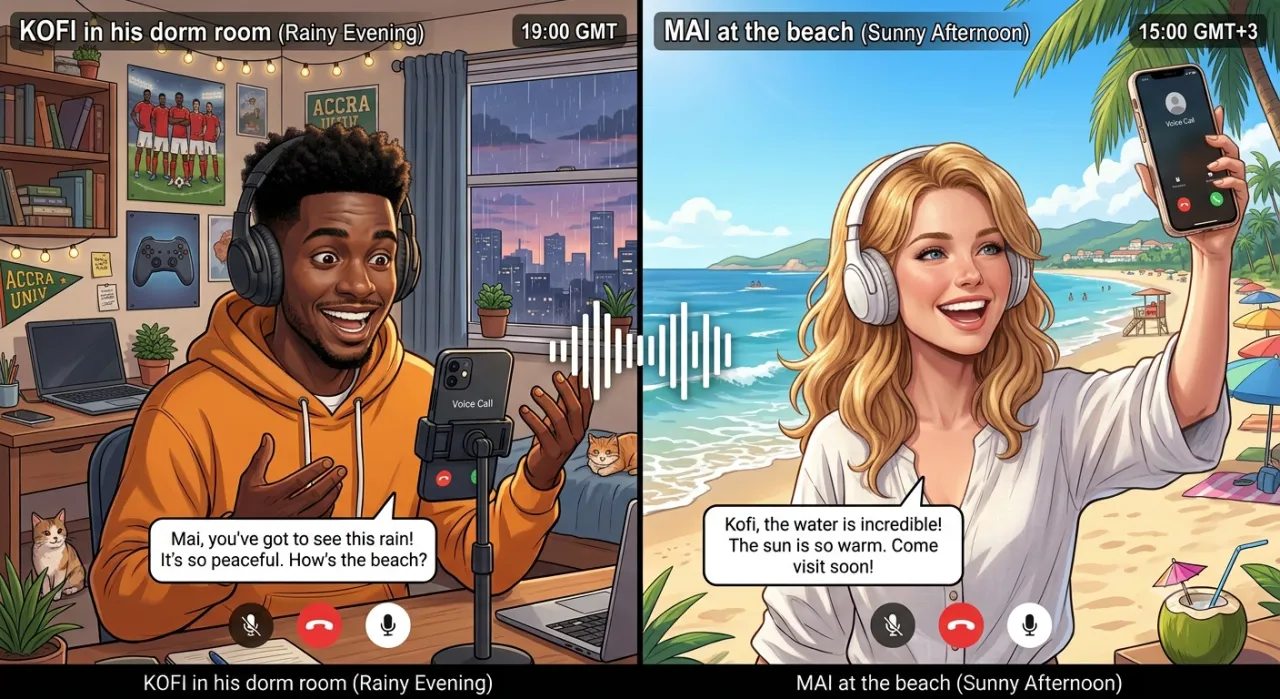 Two people on a friendly voice call from opposite sides of the world