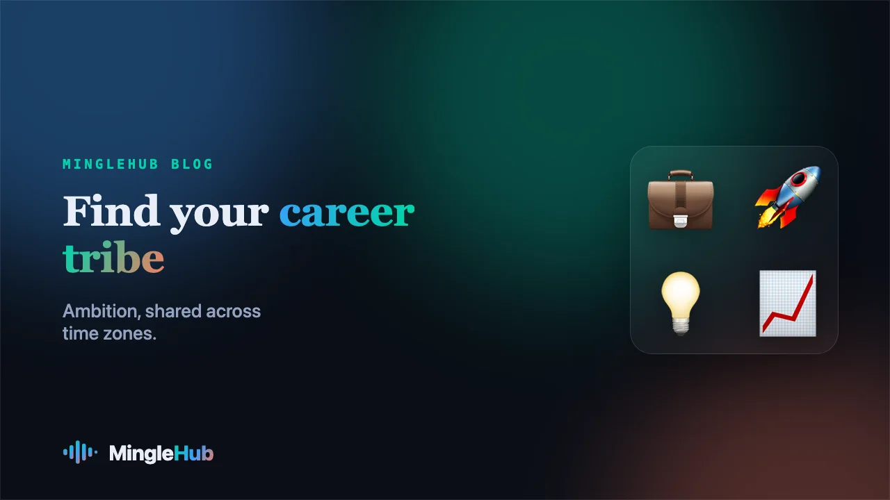 Career motifs — briefcase, rocket, lightbulb and rising chart — on a MingleHub gradient