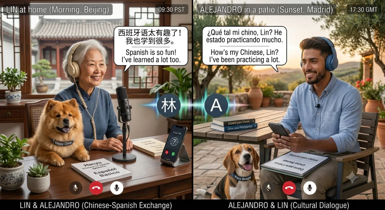 A language exchange illustration for MingleHub’s Language Practice & Exchange rooms