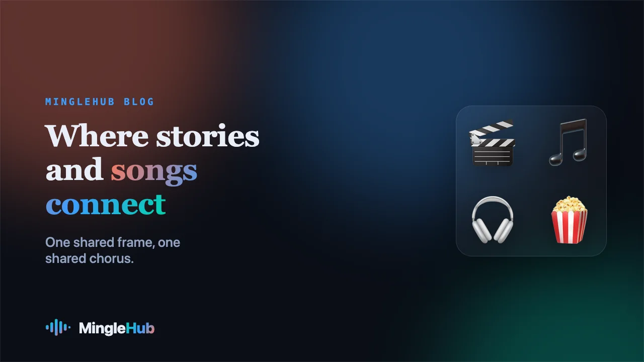 Movie and music motifs — clapperboard, notes, headphones and popcorn — on a MingleHub gradient