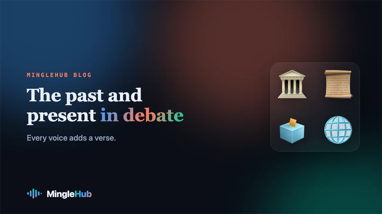 Politics and history motifs — a temple, scroll, ballot box and globe — on a MingleHub gradient