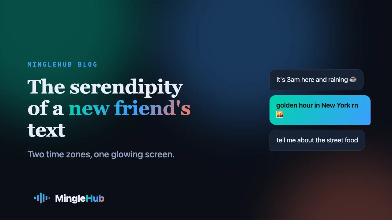 Two chat bubbles from opposite time zones on a MingleHub gradient background