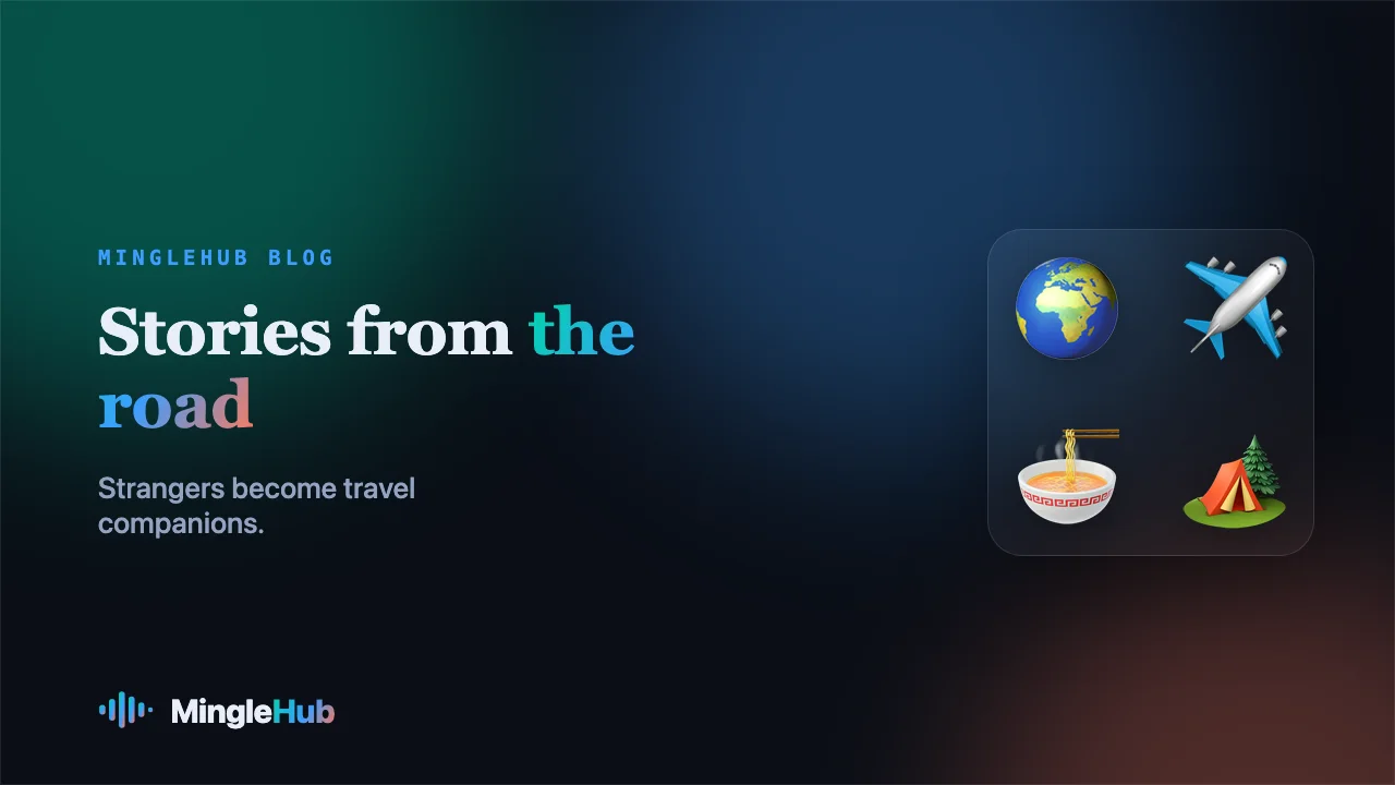Travel and food motifs — globe, plane, noodles and a tent — on a MingleHub gradient